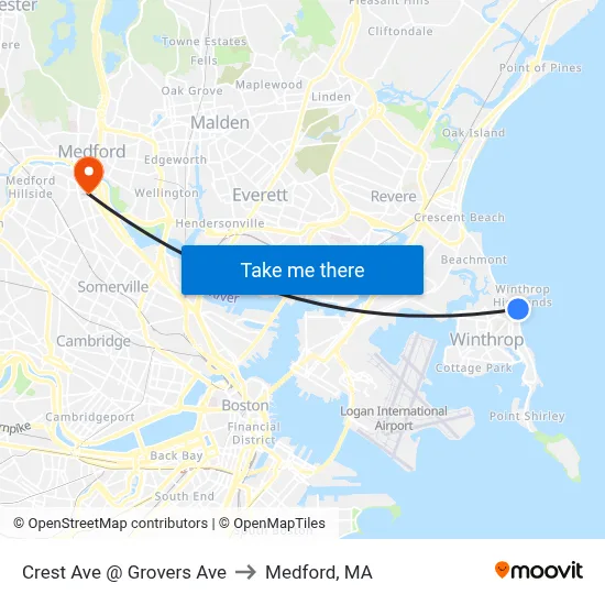 Crest Ave @ Grovers Ave to Medford, MA map