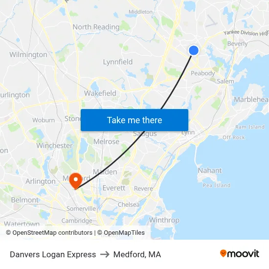 Danvers Logan Express to Medford, MA map