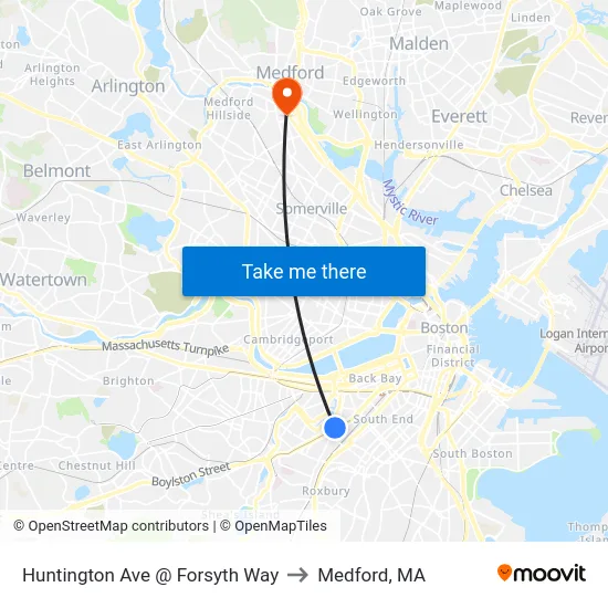 Huntington Ave @ Forsyth Way to Medford, MA map