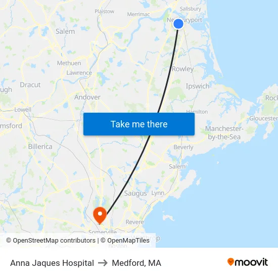Anna Jaques Hospital to Medford, MA map