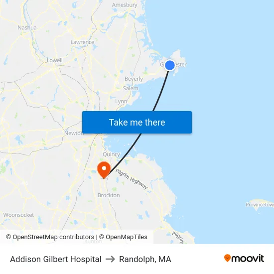 Addison Gilbert Hospital to Randolph, MA map