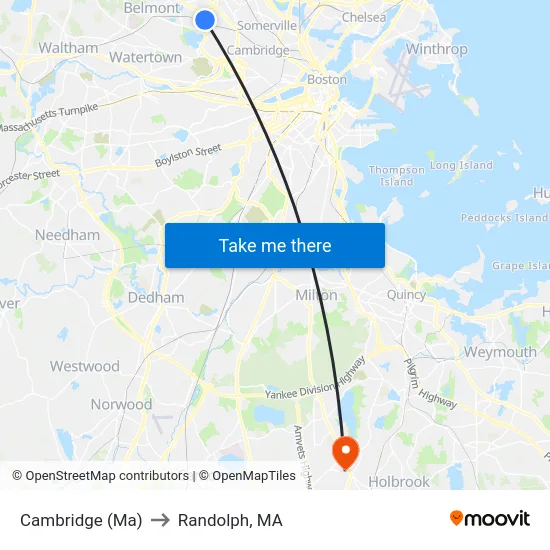 Cambridge (Ma) to Randolph, MA map