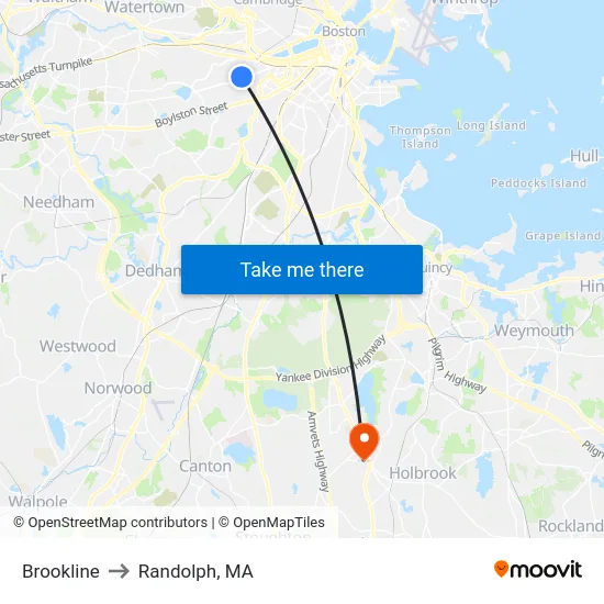 Brookline to Randolph, MA map