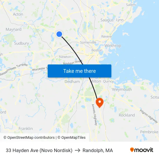 33 Hayden Ave (Novo Nordisk) to Randolph, MA map