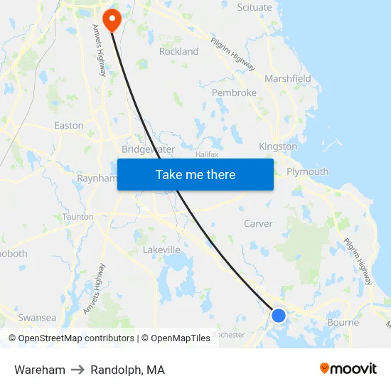Wareham to Randolph, MA map