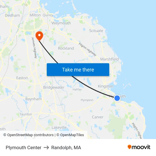 Plymouth Center to Randolph, MA map