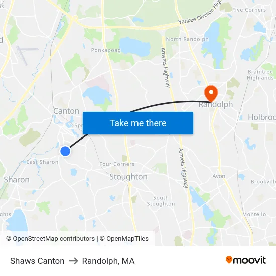 Shaws Canton to Randolph, MA map