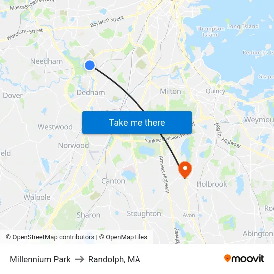Millennium Park to Randolph, MA map