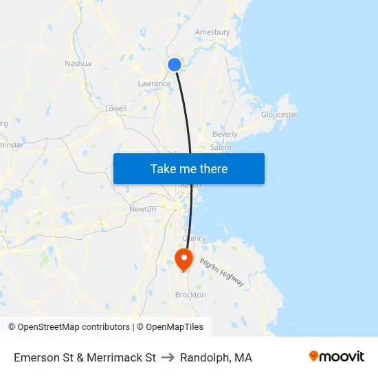 Emerson St & Merrimack St to Randolph, MA map