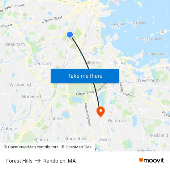 Forest Hills to Randolph, MA map