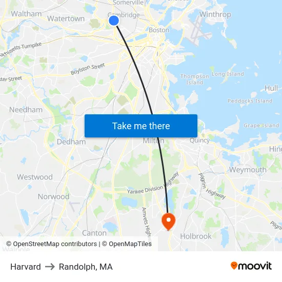 Harvard to Randolph, MA map