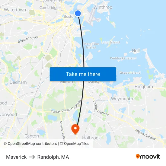 Maverick to Randolph, MA map