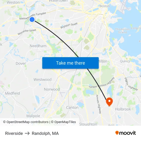 Riverside to Randolph, MA map