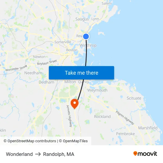 Wonderland to Randolph, MA map