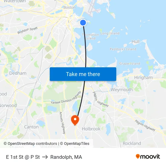 E 1st St @ P St to Randolph, MA map