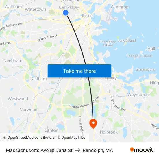Massachusetts Ave @ Dana St to Randolph, MA map