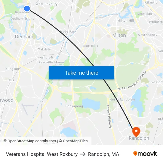 Veterans Hospital West Roxbury to Randolph, MA map