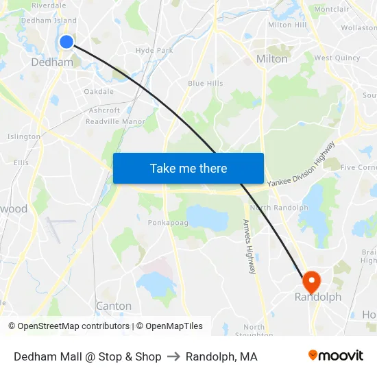 Dedham Mall @ Stop & Shop to Randolph, MA map