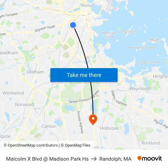 Malcolm X Blvd @ Madison Park Hs to Randolph, MA map