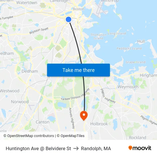 Huntington Ave @ Belvidere St to Randolph, MA map