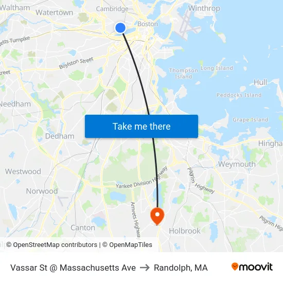 Vassar St @ Massachusetts Ave to Randolph, MA map