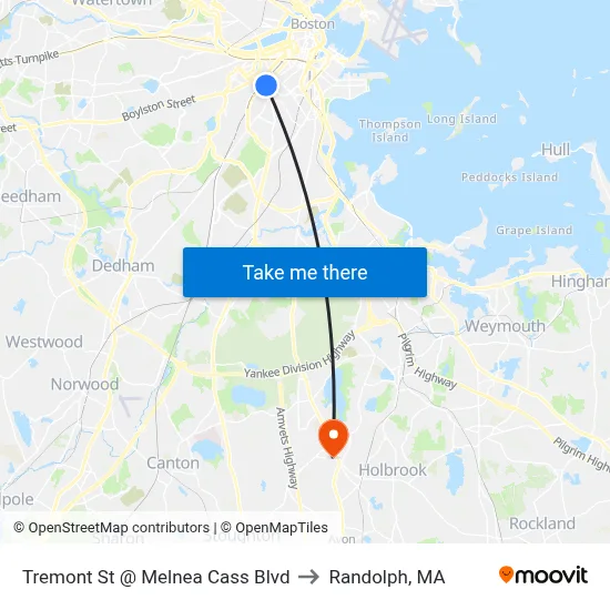Tremont St @ Melnea Cass Blvd to Randolph, MA map