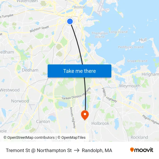Tremont St @ Northampton St to Randolph, MA map