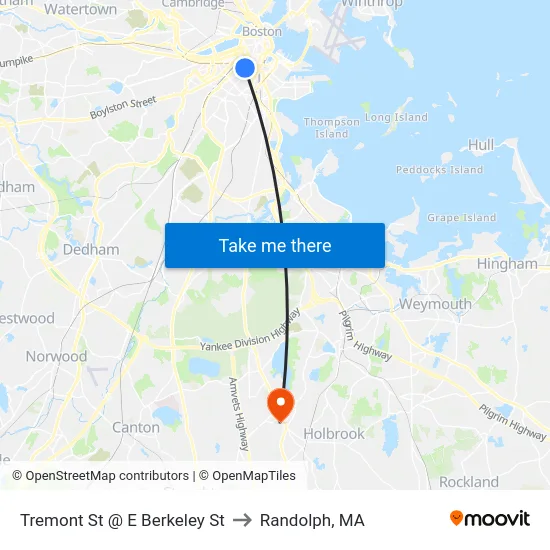 Tremont St @ E Berkeley St to Randolph, MA map