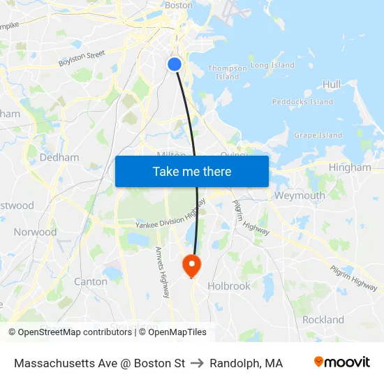 Massachusetts Ave @ Boston St to Randolph, MA map