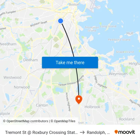 Tremont St @ Roxbury Crossing Station to Randolph, MA map