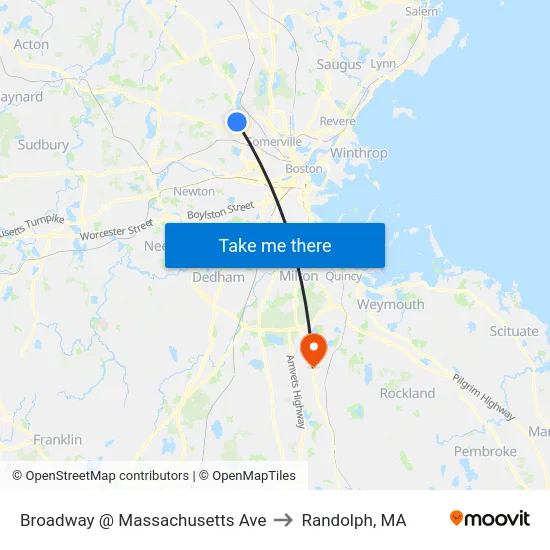 Broadway @ Massachusetts Ave to Randolph, MA map
