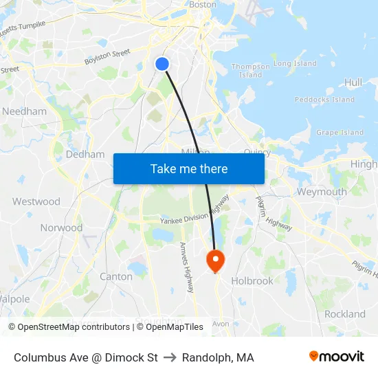 Columbus Ave @ Dimock St to Randolph, MA map