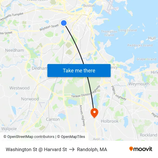 Washington St @ Harvard St to Randolph, MA map
