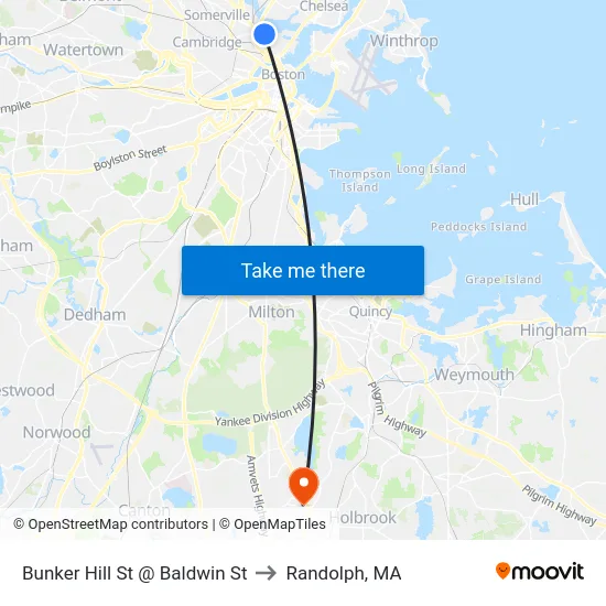 Bunker Hill St @ Baldwin St to Randolph, MA map