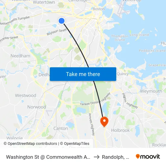 Washington St @ Commonwealth Ave to Randolph, MA map