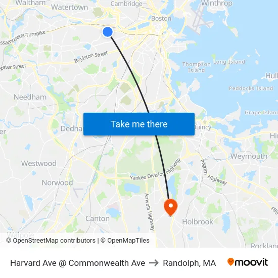 Harvard Ave @ Commonwealth Ave to Randolph, MA map