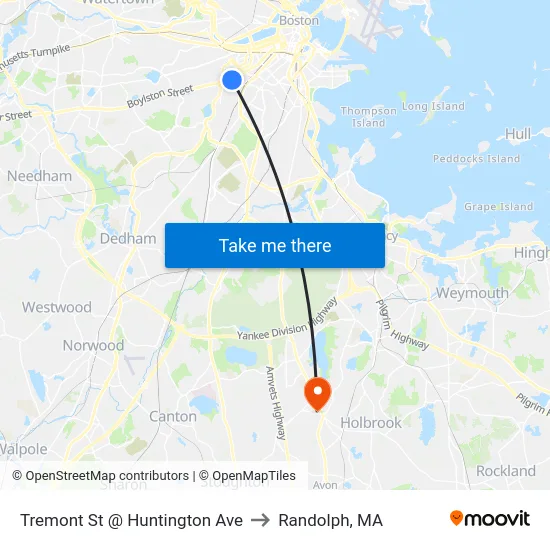 Tremont St @ Huntington Ave to Randolph, MA map