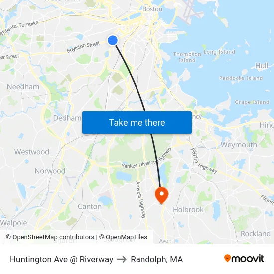 Huntington Ave @ Riverway to Randolph, MA map