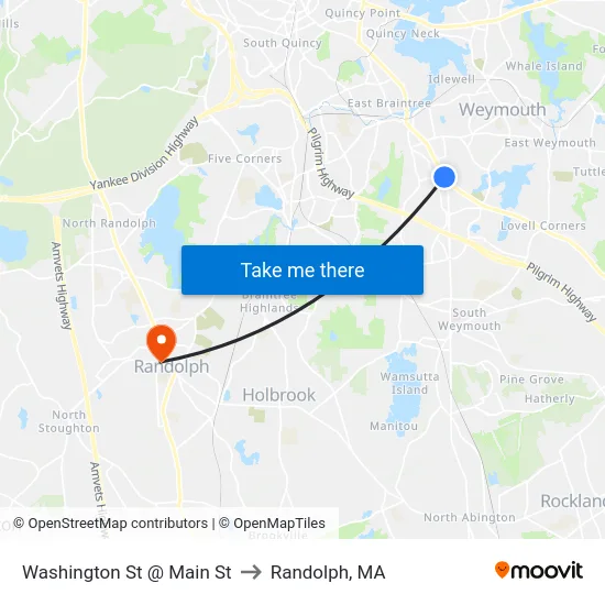Washington St @ Main St to Randolph, MA map