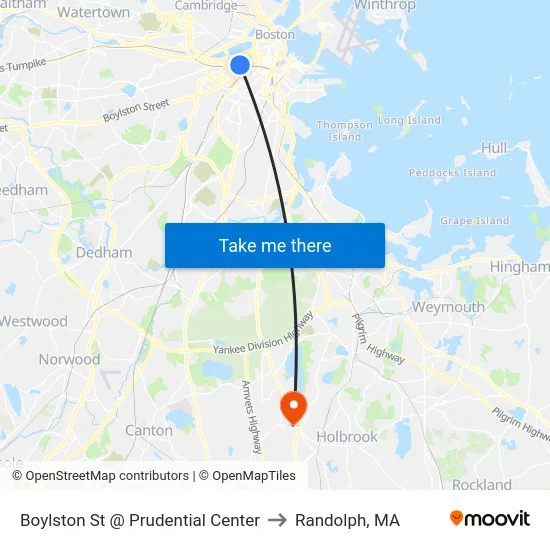 Boylston St @ Prudential Center to Randolph, MA map