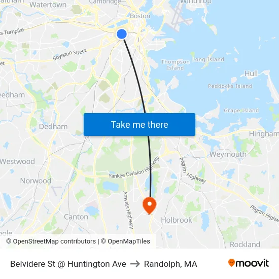 Belvidere St @ Huntington Ave to Randolph, MA map