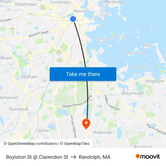 Boylston St @ Clarendon St to Randolph, MA map