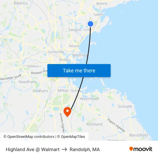 Highland Ave @ Walmart to Randolph, MA map