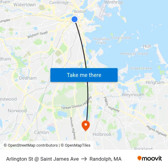 Arlington St @ Saint James Ave to Randolph, MA map