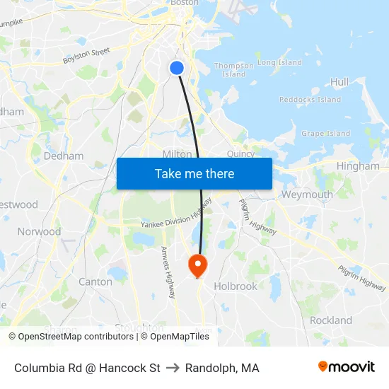 Columbia Rd @ Hancock St to Randolph, MA map