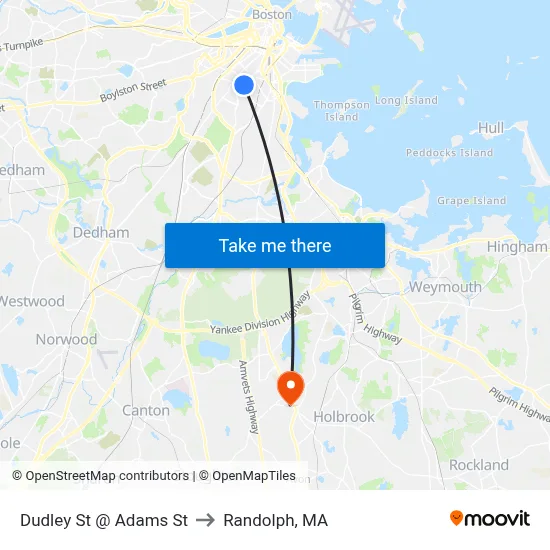 Dudley St @ Adams St to Randolph, MA map