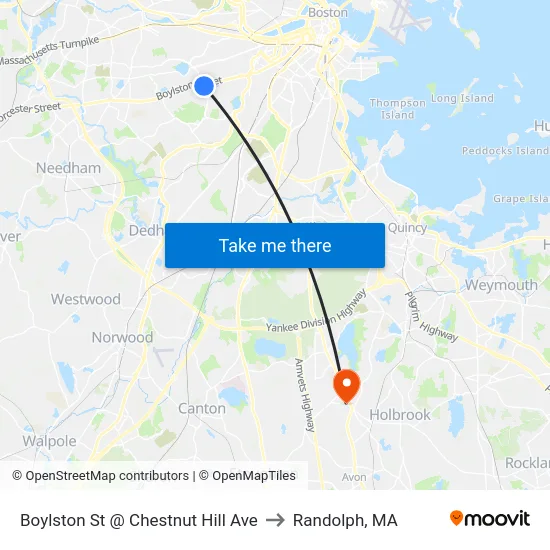 Boylston St @ Chestnut Hill Ave to Randolph, MA map