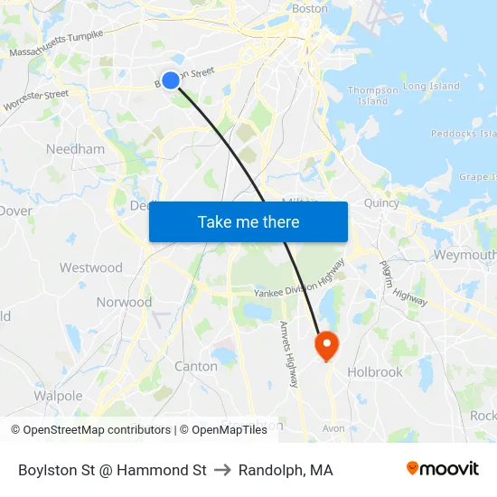 Boylston St @ Hammond St to Randolph, MA map
