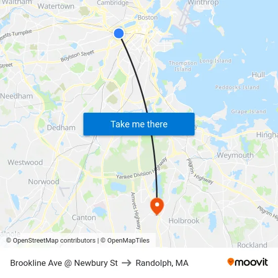 Brookline Ave @ Newbury St to Randolph, MA map
