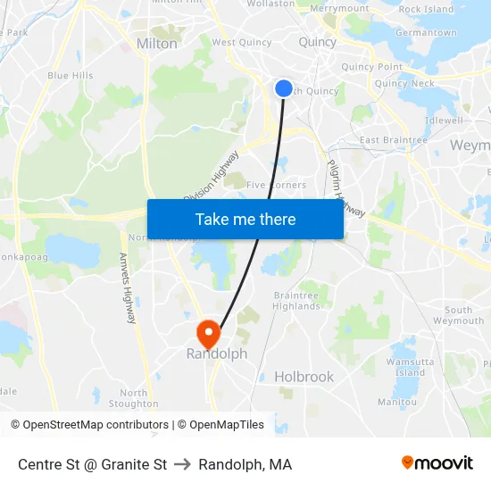 Centre St @ Granite St to Randolph, MA map